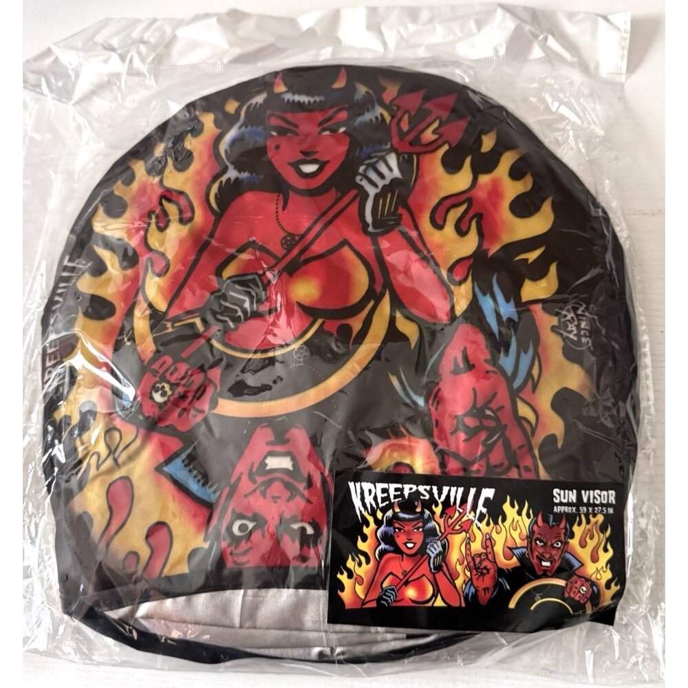 Hellbound Car Sun Visor By Vince Ray Devil Hell Fire Lowbrow Art Shade w/ Cover - Picture 3 of 3